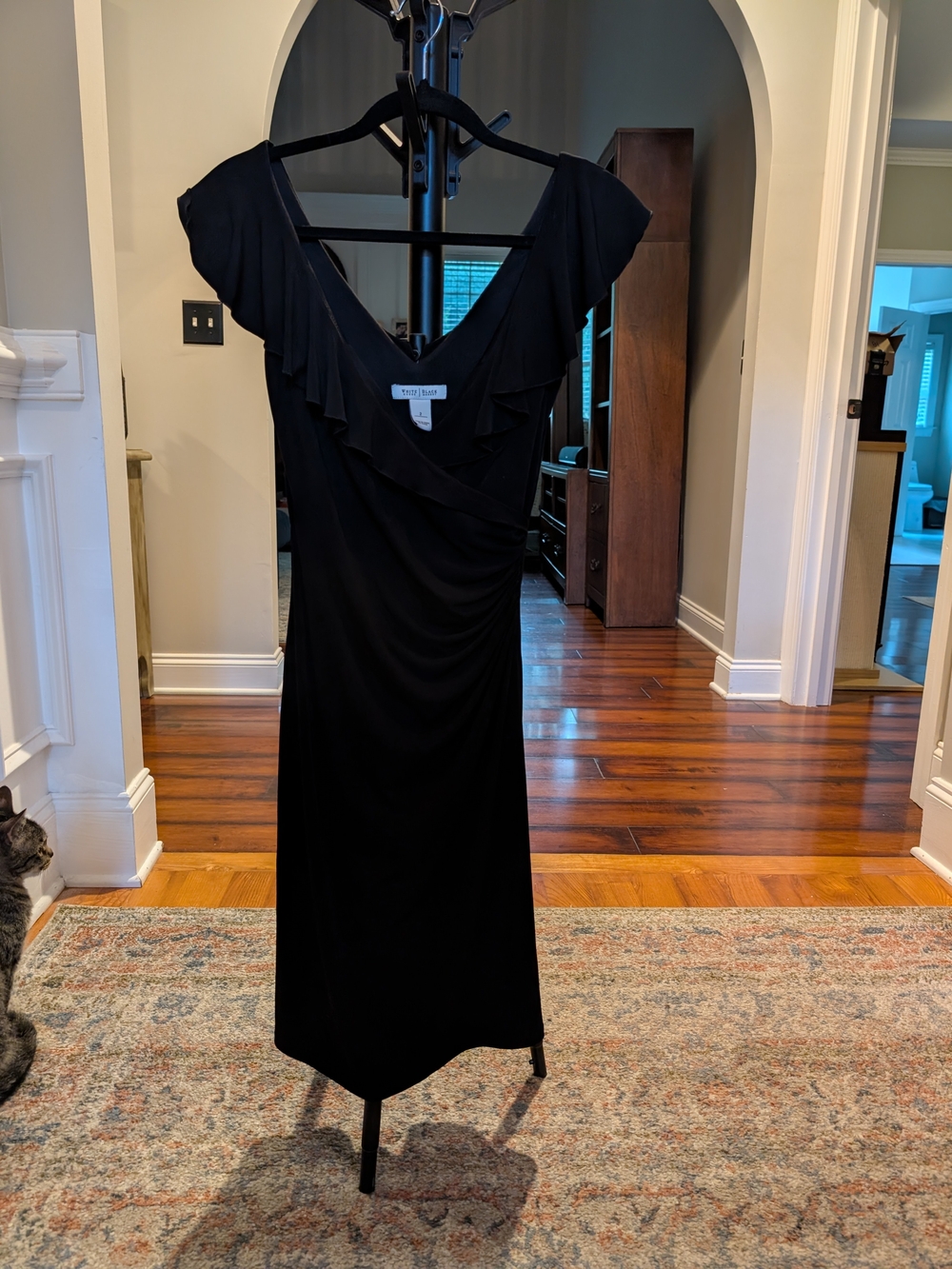 White House Black Market Black Ruffle V-Neck Midi Dress